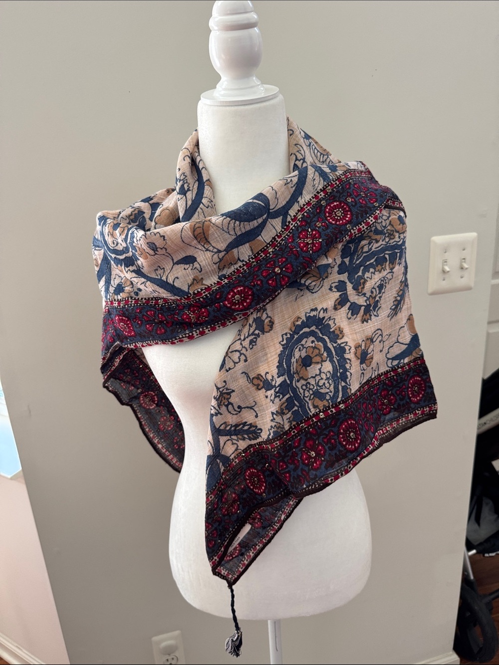 Abercrombie & Fitch Beige, Navy & Red Paisley Embellished Wrap